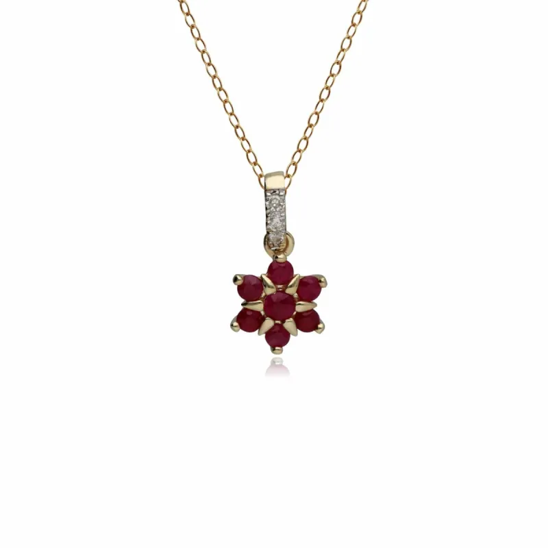 Classic Ruby & Diamond Flower Pendant in 9ct Yellow Gold made by Gemondo Jewellery