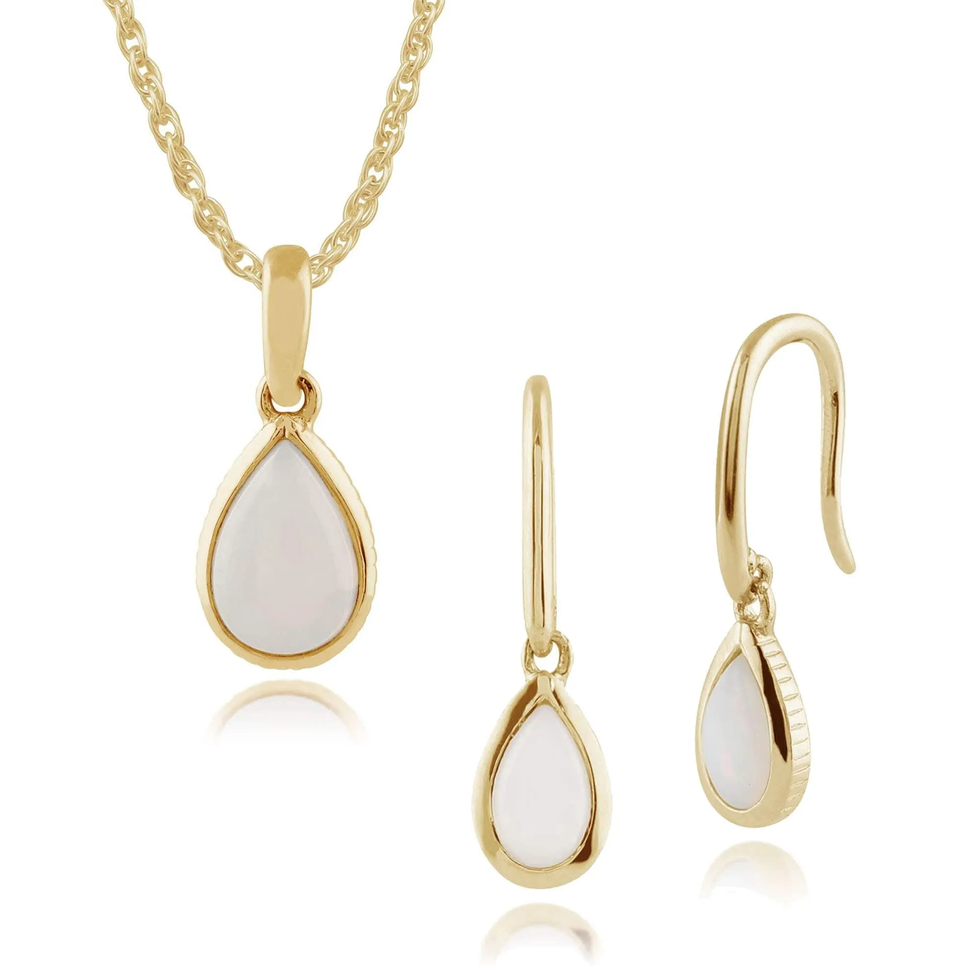 Classic Pear Opal Single Stone Bezel Drop Earrings & Pendant Set in 9ct Yellow Gold sold by Gemondo Jewellery