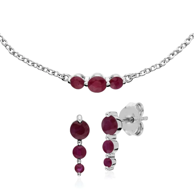 Classic Round Ruby Three Stone Gradient Earrings & Bracelet Set in 925 Sterling Silver sold by Gemondo Jewellery