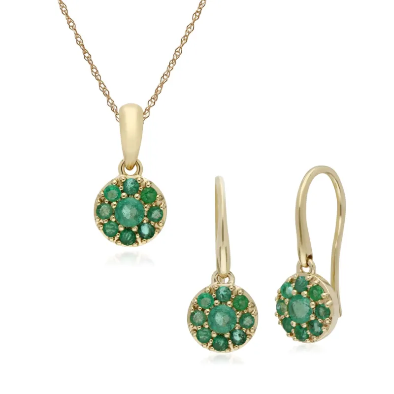 Classic Round Emerald Cluster Drop Earrings & Pendant Set in 9ct Yellow Gold sold by Gemondo Jewellery