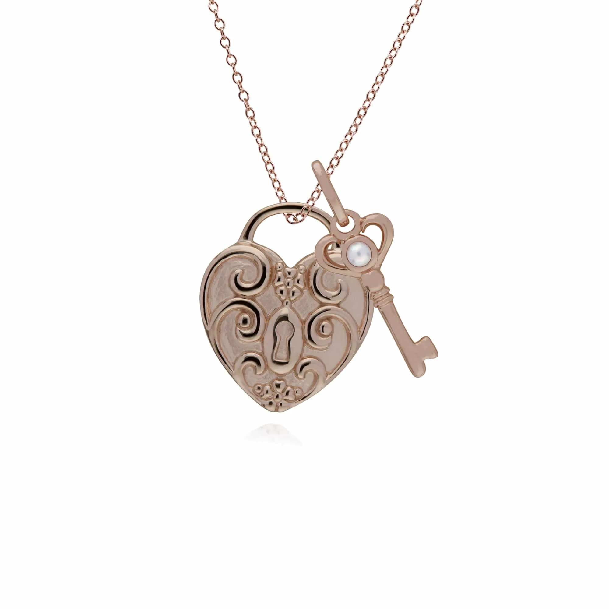 Classic Swirl Heart Lock Pendant & Pearl Key Charm in Rose Gold Plated 925 Sterling Silver sold by Gemondo Jewellery