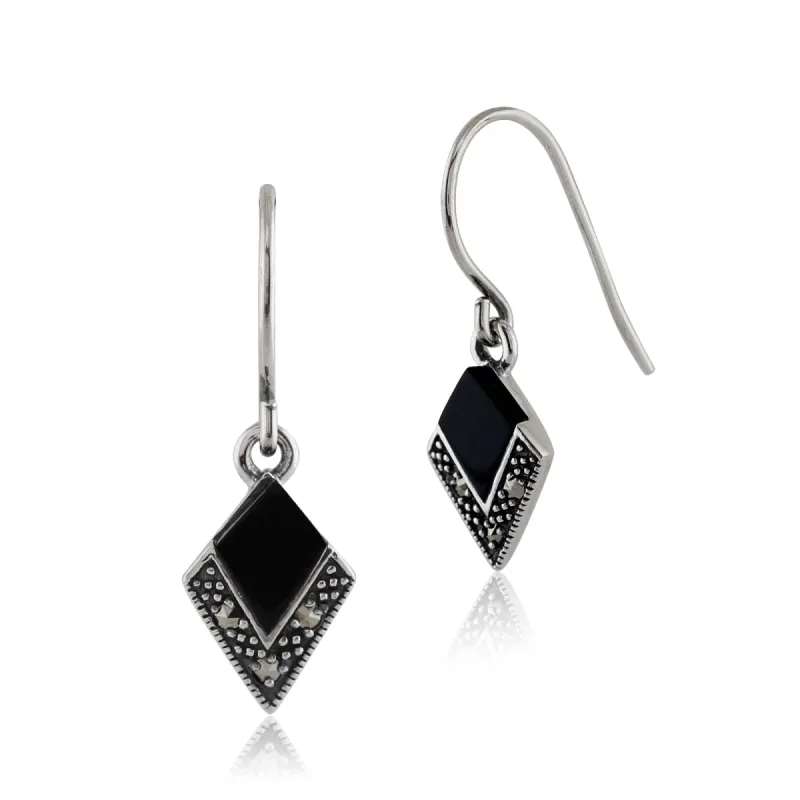Art Deco Style Black Onyx & Marcasite Drop Earrings in 925 Sterling Silver sold by Gemondo Jewellery