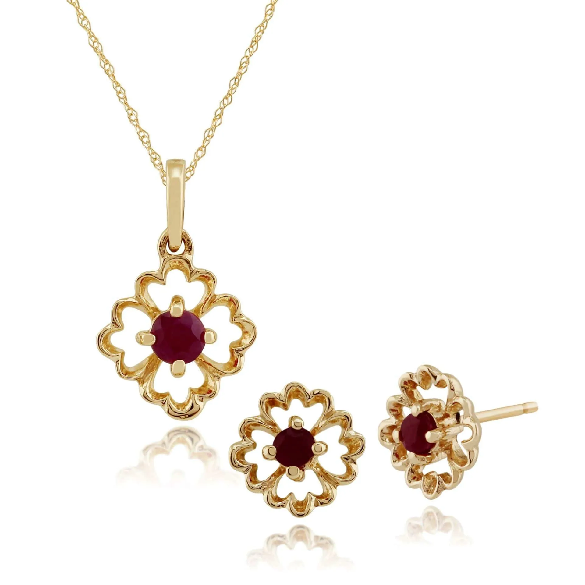 Floral Round Ruby Framed Stud Earrings & Pendant Set in 9ct Yellow Gold sold by Gemondo Jewellery