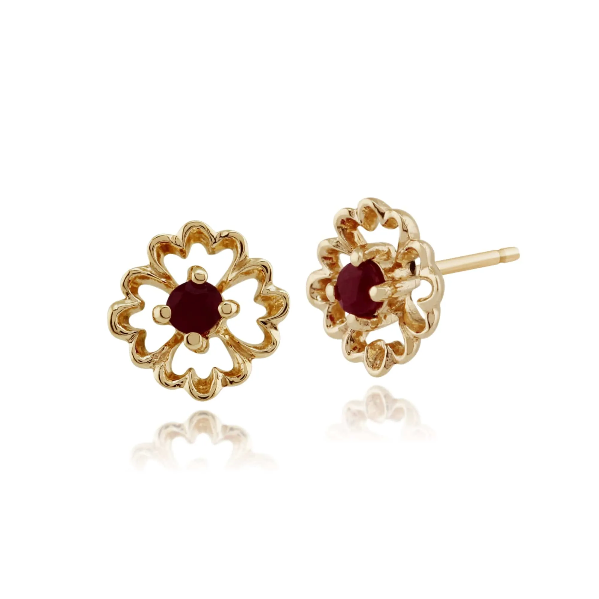 Floral Round Ruby Framed Stud Earrings & Pendant Set in 9ct Yellow Gold sold by Gemondo Jewellery product image thumbnail 2