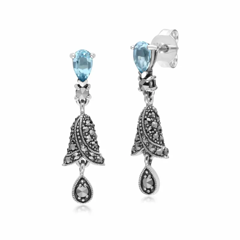 Art Nouveau Style Blue Topaz and Marcasite Bell Drop Earrings in 925 Silver sold by Gemondo Jewellery