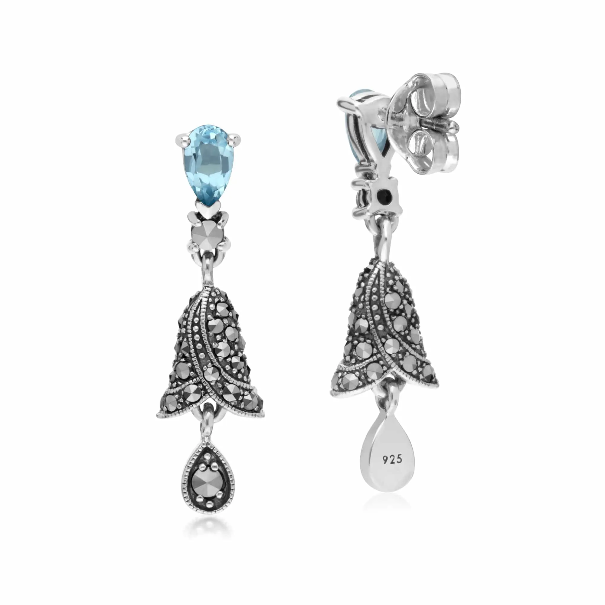 Art Nouveau Style Blue Topaz and Marcasite Bell Drop Earrings in 925 Silver sold by Gemondo Jewellery product image thumbnail 2