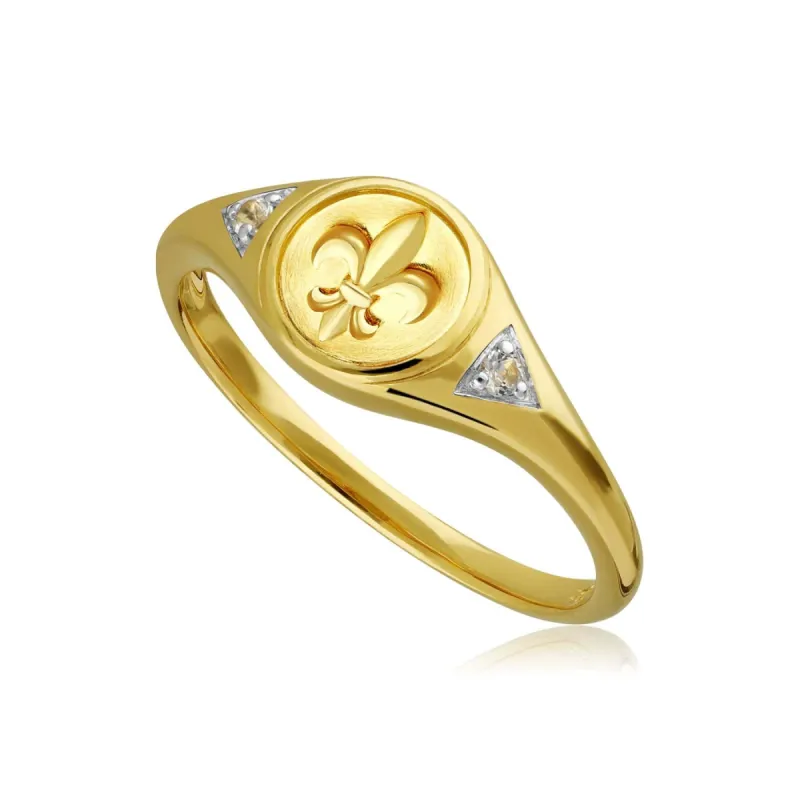 ECFEW™ White Topaz Fleur De Lis Signet Ring In 9ct Yellow Gold sold by Gemondo Jewellery