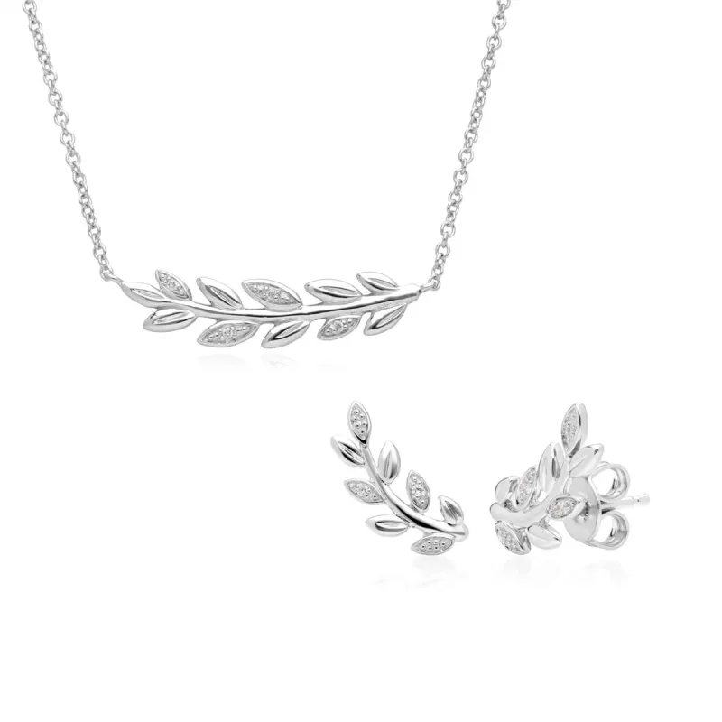 O Leaf Diamond Necklace & Stud Earring Set in 9ct White Gold sold by Gemondo Jewellery