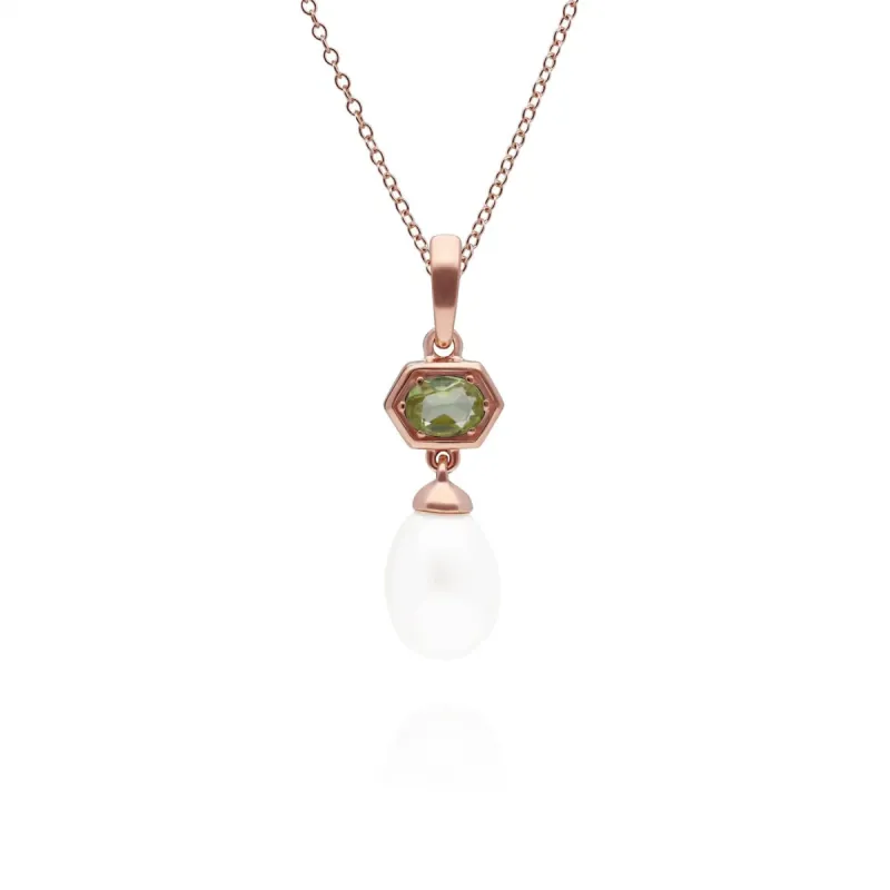 Modern Pearl & Peridot Hexagon Drop Pendant in Rose Gold Plated Silver sold by Gemondo Jewellery