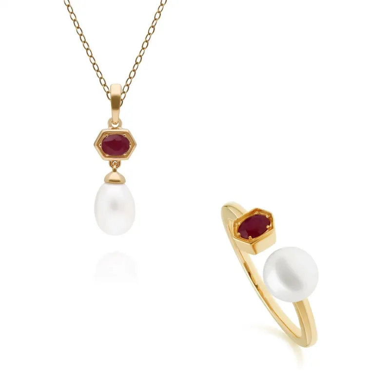 Modern Pearl & Ruby Ring & Pendant Set in Gold Plated Silver sold by Gemondo Jewellery