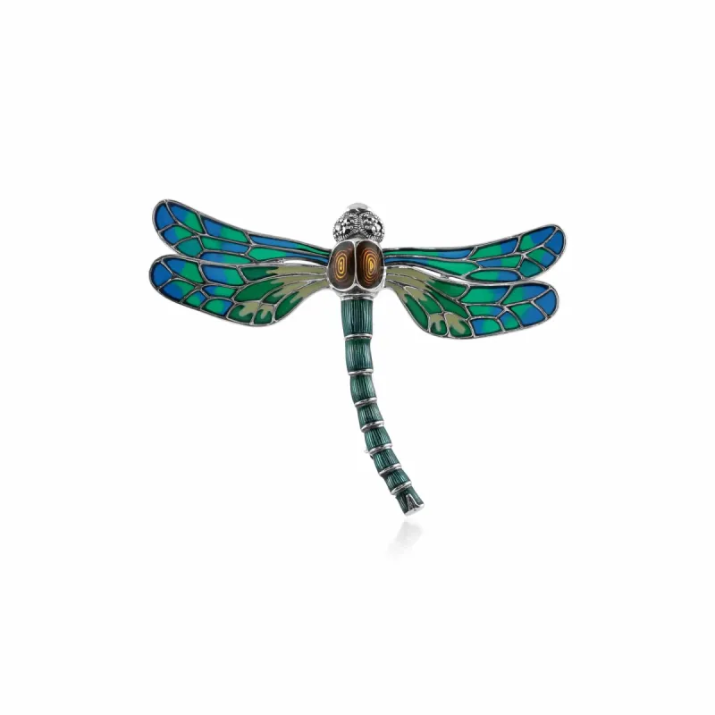 Art Nouveau Style Marcasite & Enamel Dragonfly Brooch in Sterling Silver sold by Gemondo Jewellery