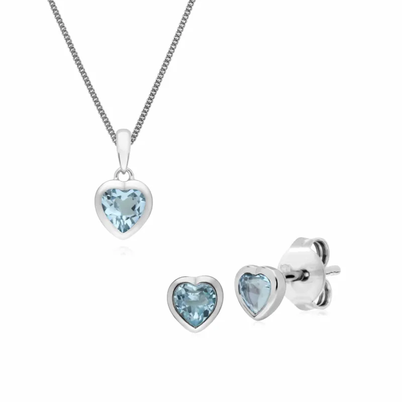 Classic Heart Blue Topaz Stud Earrings & Pendant Set in 925 Sterling Silver sold by Gemondo Jewellery