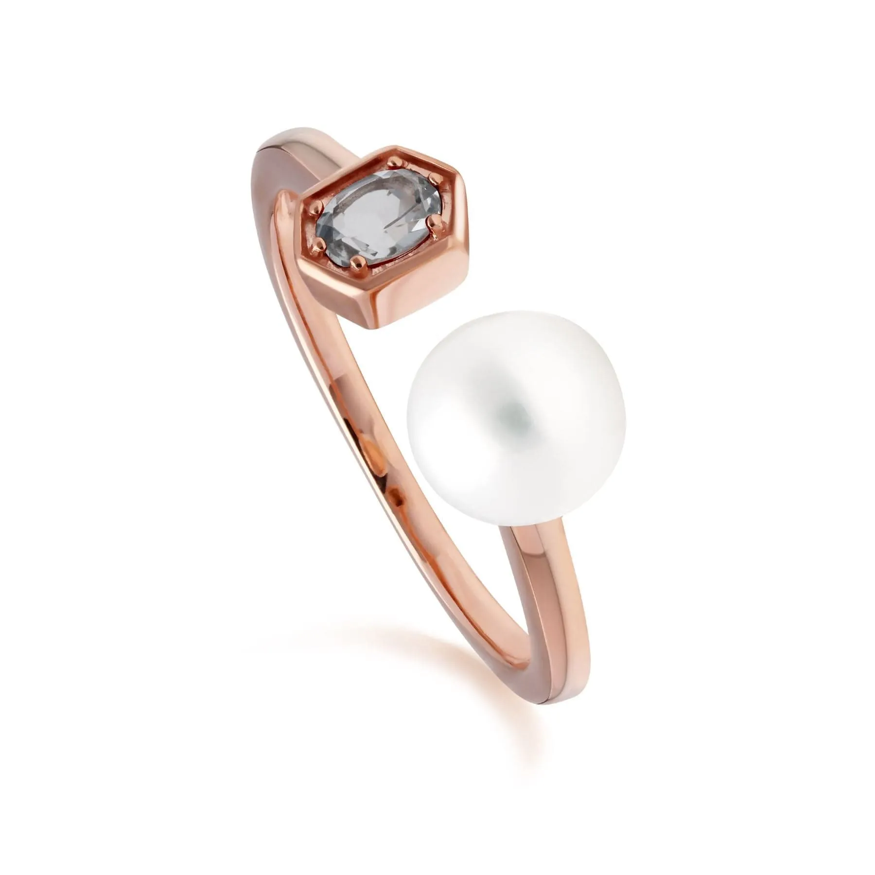 Modern Pearl & Aquamarine Open Ring in Rose Gold Plated Silver sold by Gemondo Jewellery