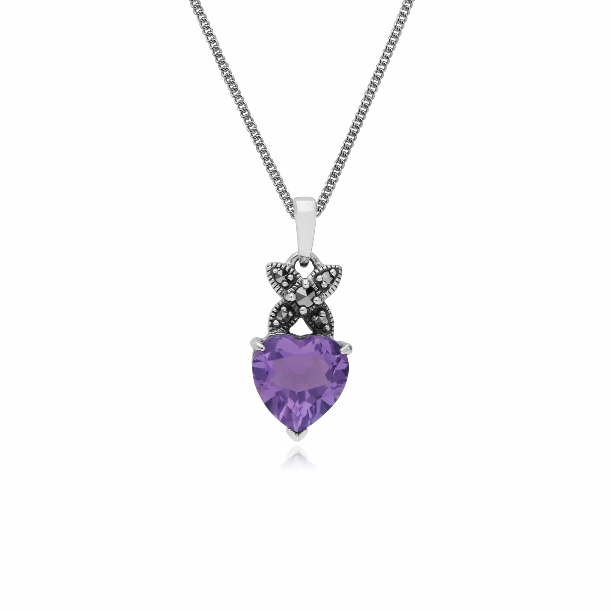 Sterling Silver Amethyst & Marcasite February Heart Pendant on 45cm Chain sold by Gemondo Jewellery