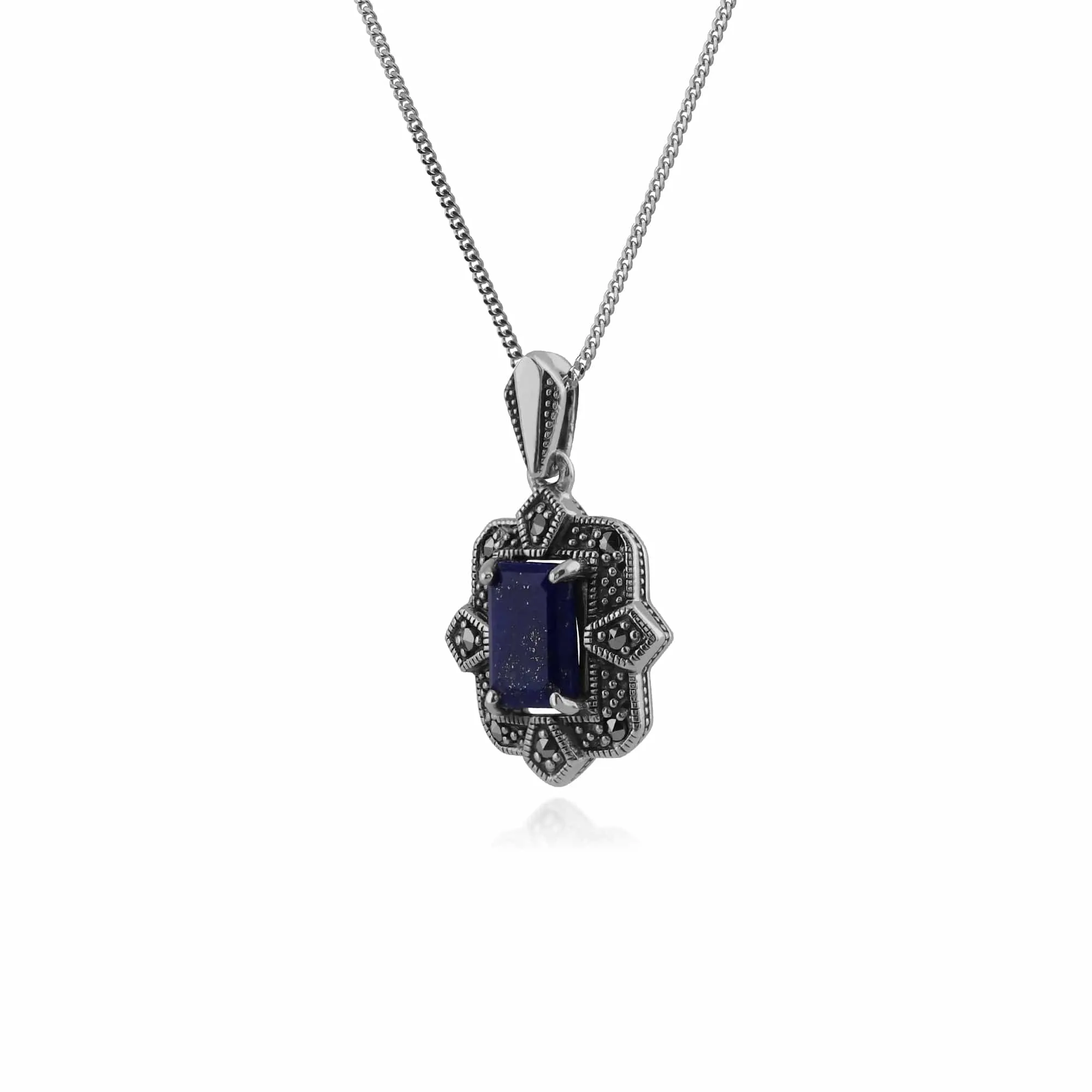 Art Deco Style Octagon Lapis Lazuli & Marcasite Pendant in 925 Sterling Silver sold by Gemondo Jewellery product image thumbnail 2