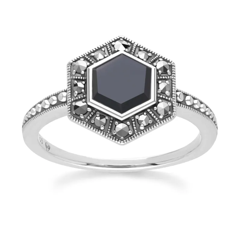 Art Deco Style Hexagon Onyx and Marcasite Ring in Sterling Silver sold by Gemondo Jewellery