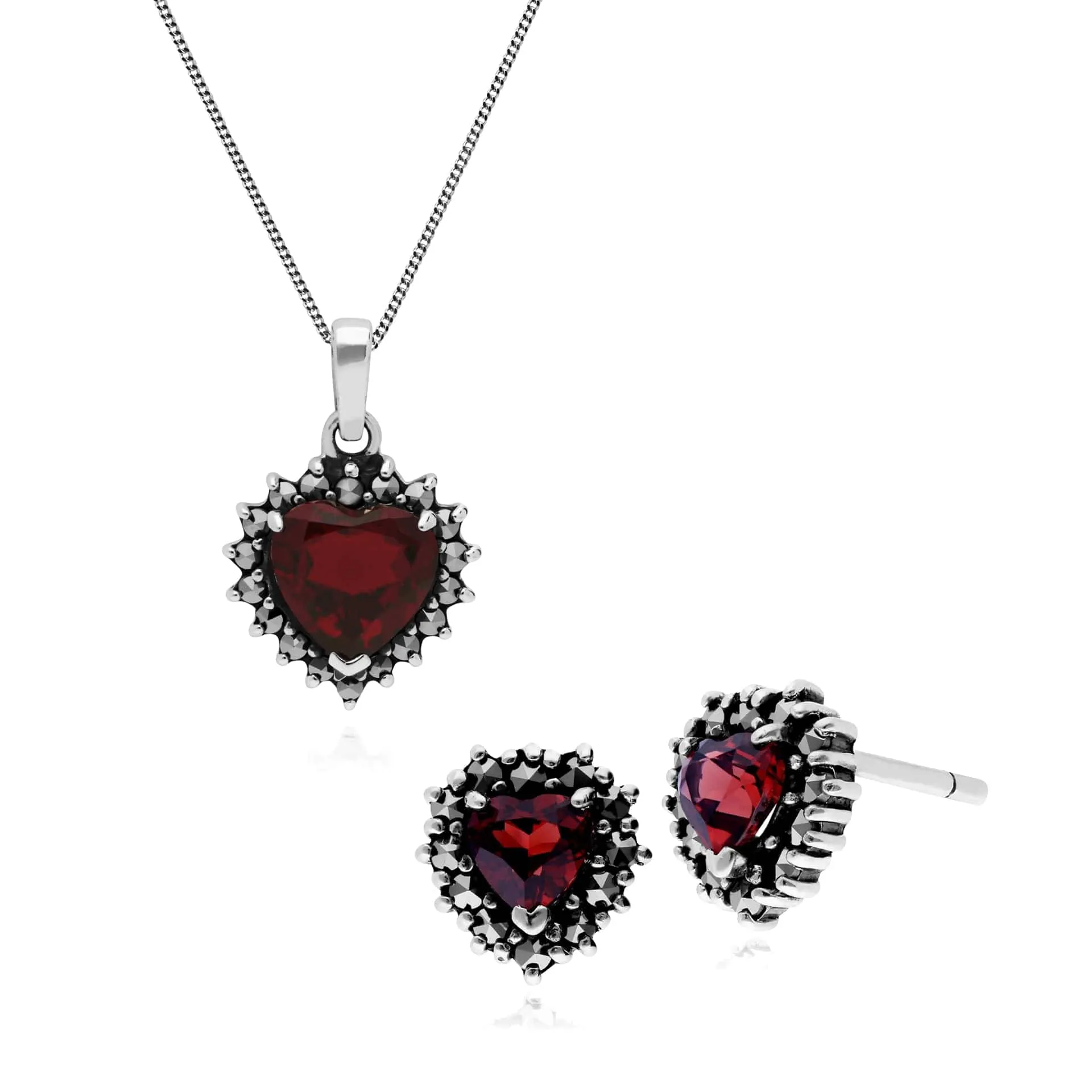 Art Deco Style Garnet & Marcasite Heart Stud Earrings & Necklace Set in 925 Sterling Silver sold by Gemondo Jewellery