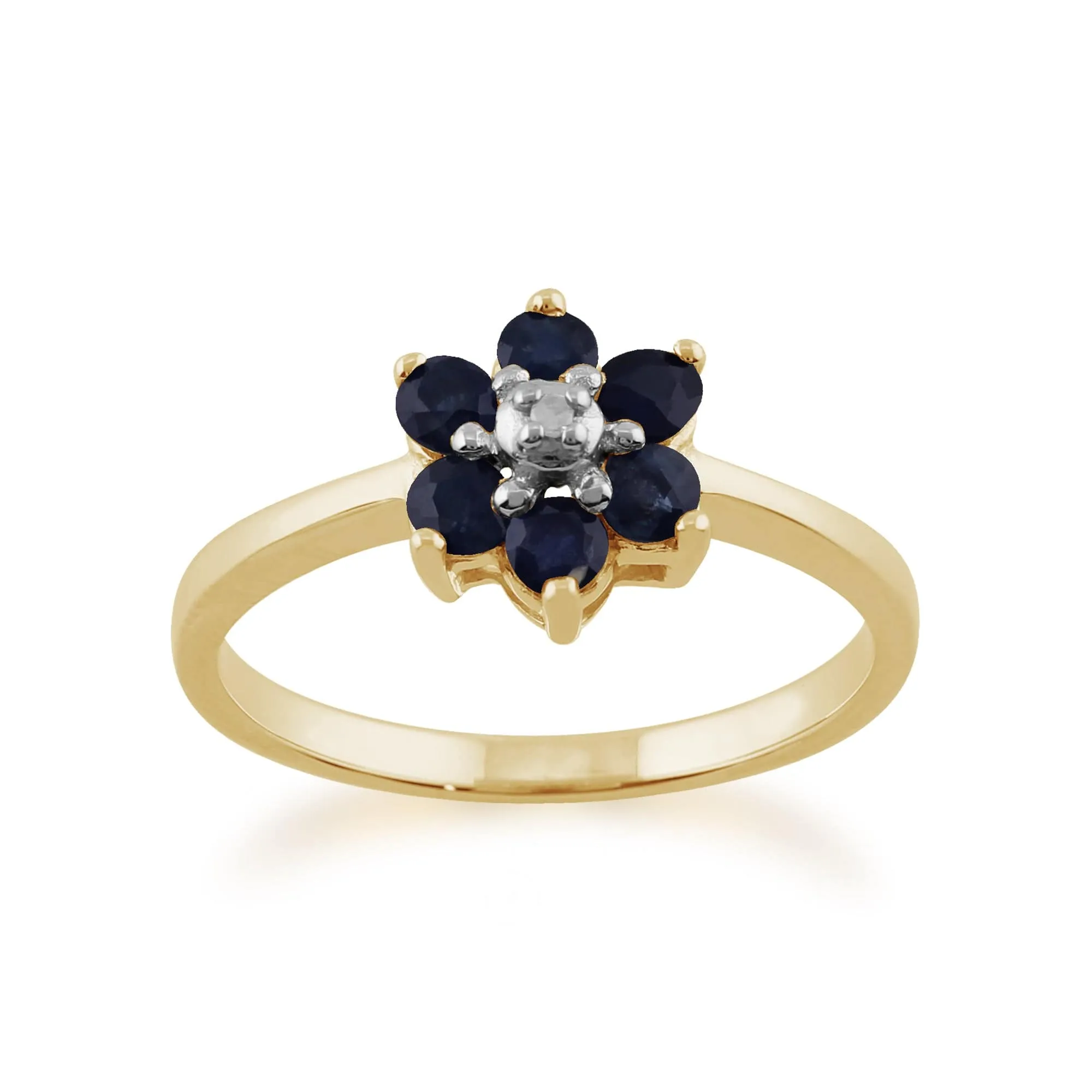 Floral Round Sapphire & Diamond Cluster Ring in 9ct Yellow Gold sold by Gemondo Jewellery