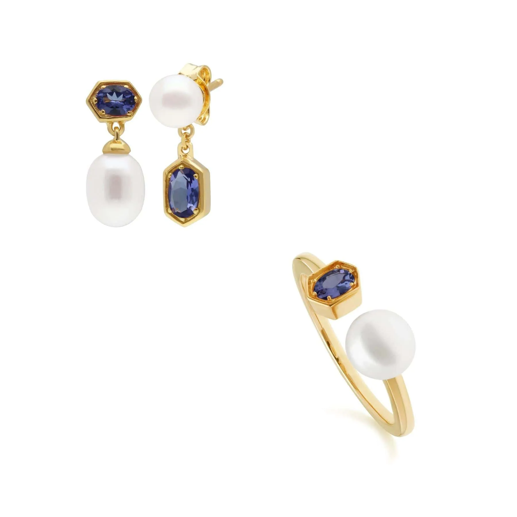 Modern Pearl & Tanzanite Earring & Ring Set in Gold Plated Silver sold by Gemondo Jewellery