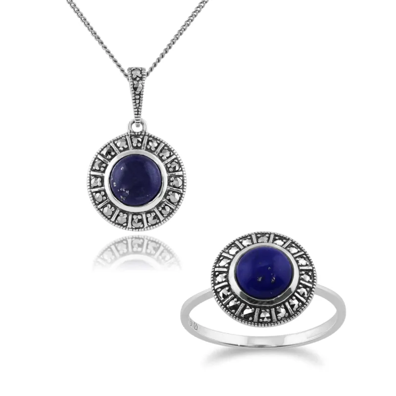 Art Deco Style Round Lapis Lazuli & Marcasite Halo Pendant & Ring Set in 925 Sterling Silver sold by Gemondo Jewellery