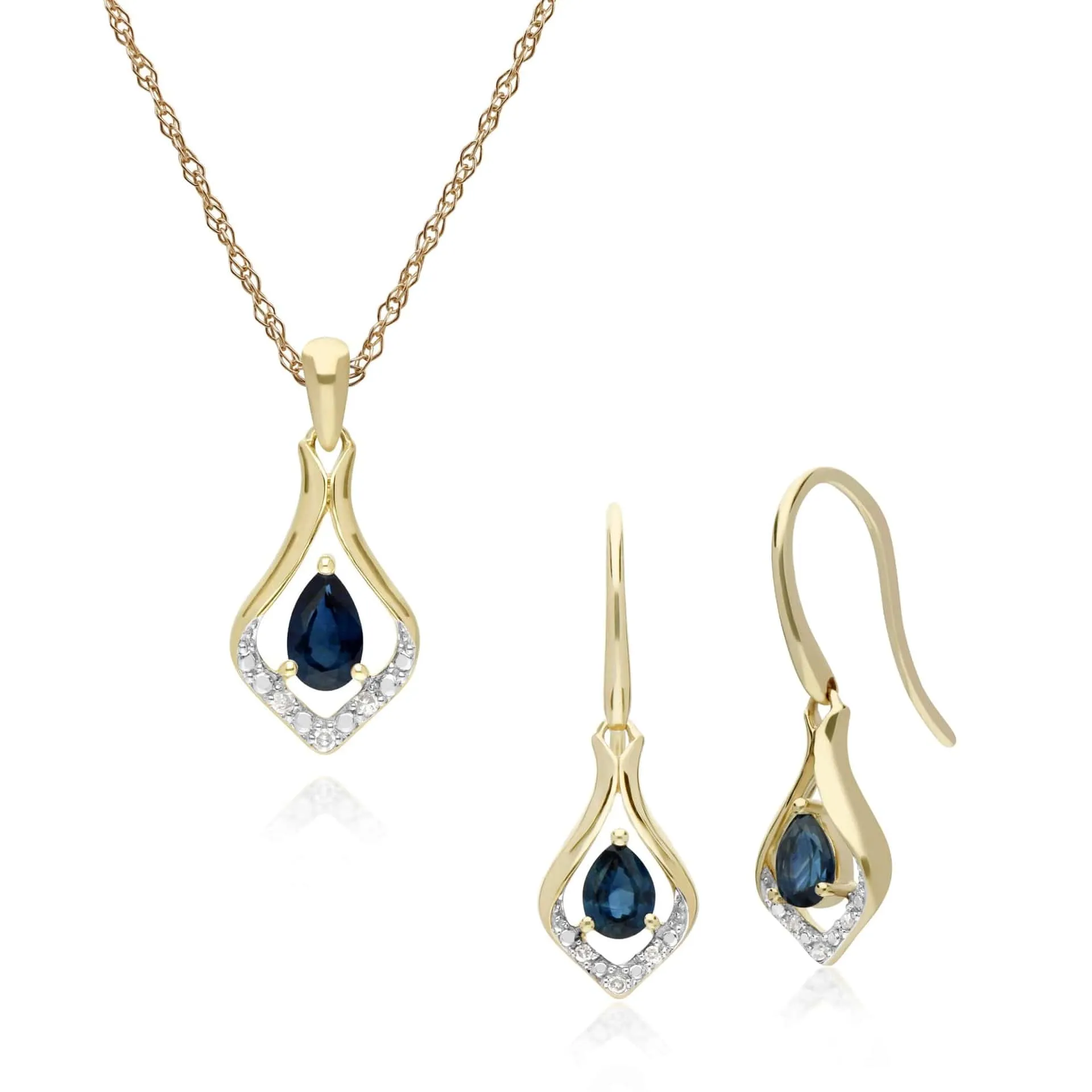 Classic Oval Sapphire & Diamond Leaf Drop Earrings & Pendant Set in 9ct Yellow Gold sold by Gemondo Jewellery