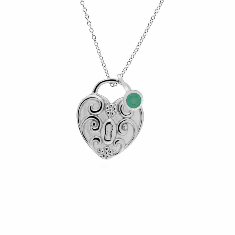 Classic Swirl Heart Lock Pendant & Emerald Charm in 925 Sterling Silver sold by Gemondo Jewellery