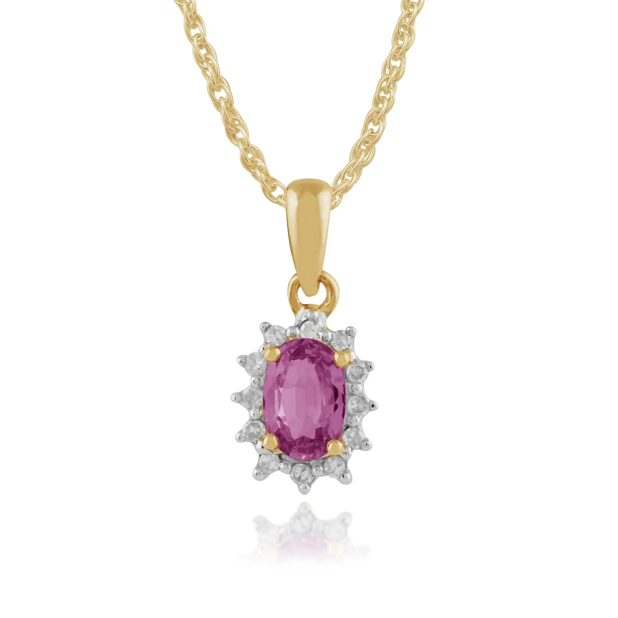 Classic Oval Pink Sapphire & Diamond Cluster Pendant in 9ct Yellow Gold sold by Gemondo Jewellery