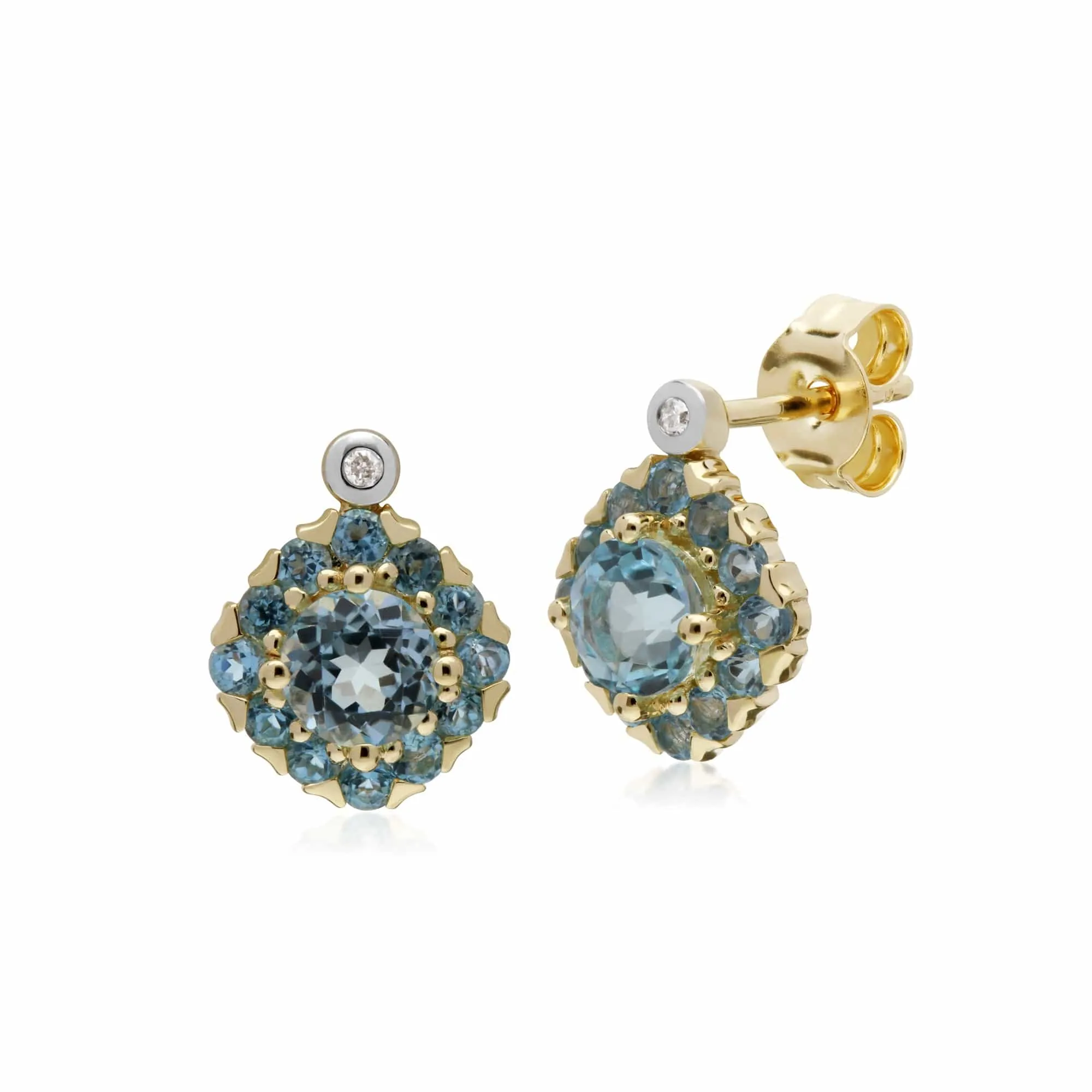 Gemondo 9ct Yellow Gold Blue Topaz & Diamond Square Cluster Stud Earrings sold by Gemondo Jewellery