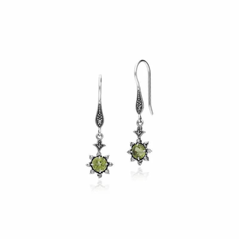 Floral Round Peridot & Marcasite Drop Earrings in 925 Sterling Silver sold by Gemondo Jewellery