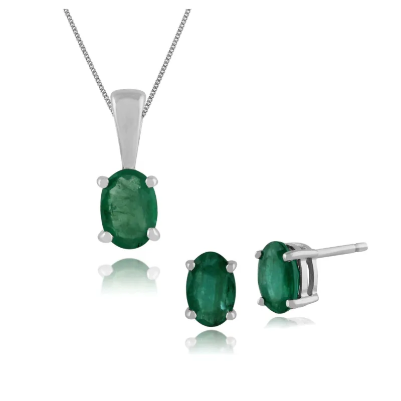 Classic Oval Emerald Single Stone Stud Earrings & Pendant in 9ct White Gold sold by Gemondo Jewellery