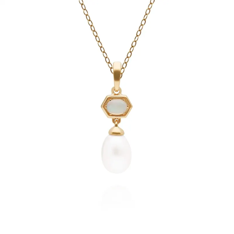 Modern Pearl & Opal Hexagon Drop Pendant in Gold Plated Silver sold by Gemondo Jewellery