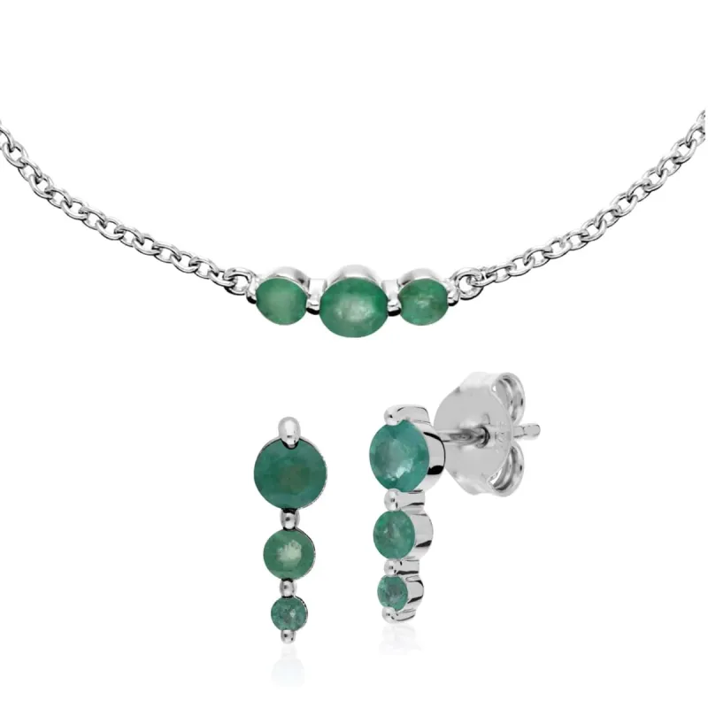 Classic Round Emerald Three Stone Gradient Earrings & Bracelet Set in 925 Sterling Silver sold by Gemondo Jewellery