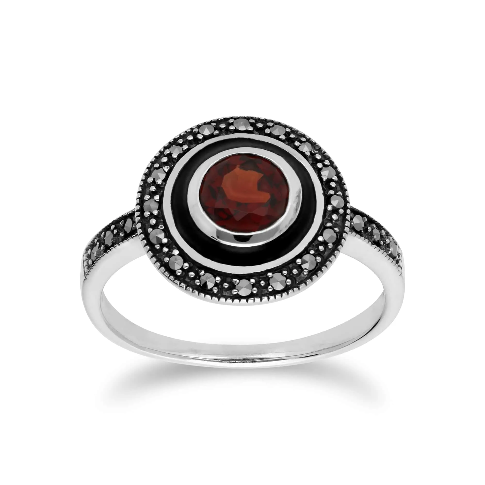 Art Deco Style Round Garnet & Black Enamel Halo Ring in 925 Sterling Silver sold by Gemondo Jewellery