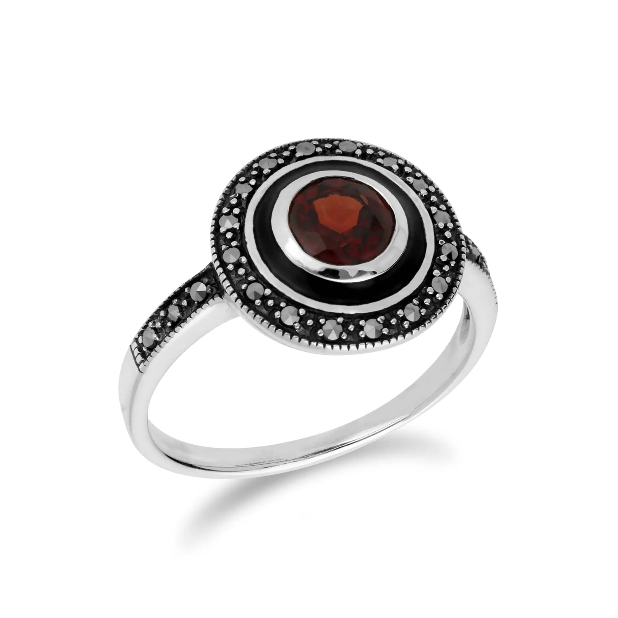 Art Deco Style Round Garnet & Black Enamel Halo Ring in 925 Sterling Silver sold by Gemondo Jewellery product image thumbnail 2