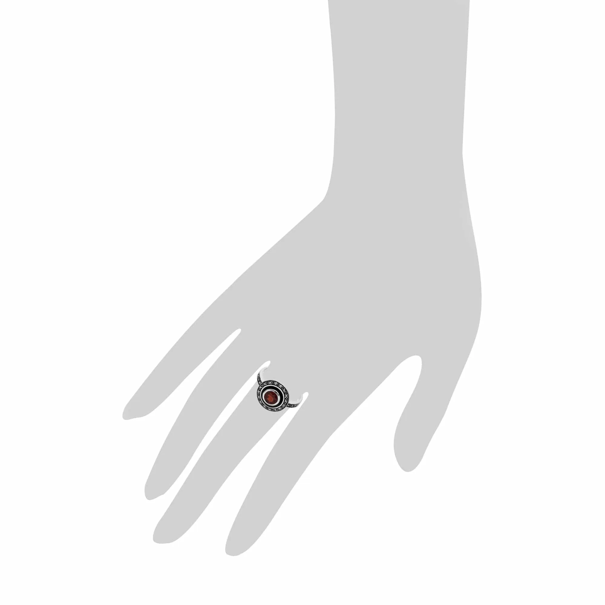 Art Deco Style Round Garnet & Black Enamel Halo Ring in 925 Sterling Silver sold by Gemondo Jewellery product image thumbnail 3