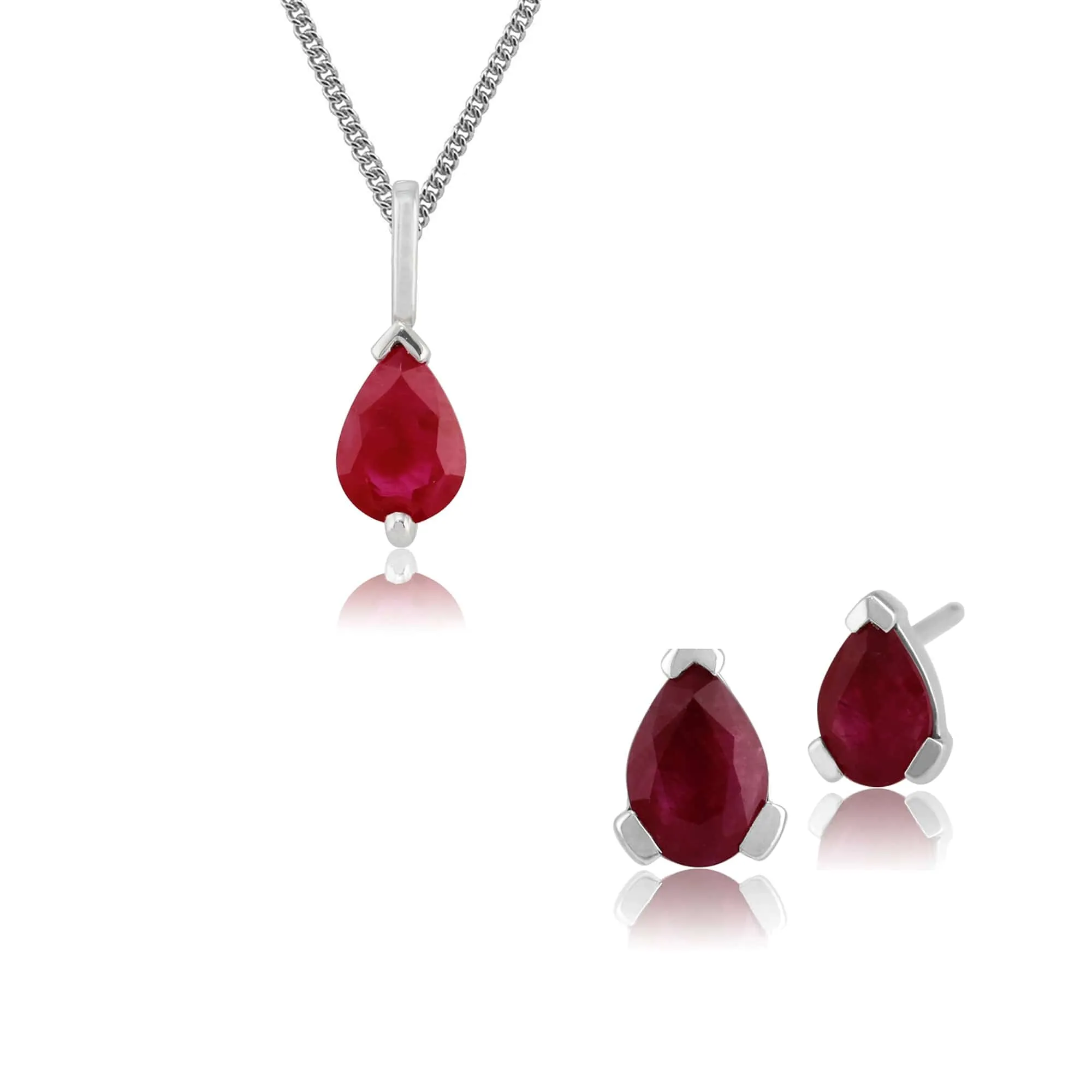 Classic Pear Ruby Single Stone Stud Earrings & Pendant Set in 9ct White Gold sold by Gemondo Jewellery