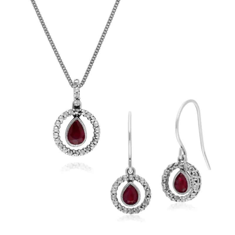 Classic Tear Drop Ruby & Marcasite Drop Earrings & 45cm Necklace Set sold by Gemondo Jewellery
