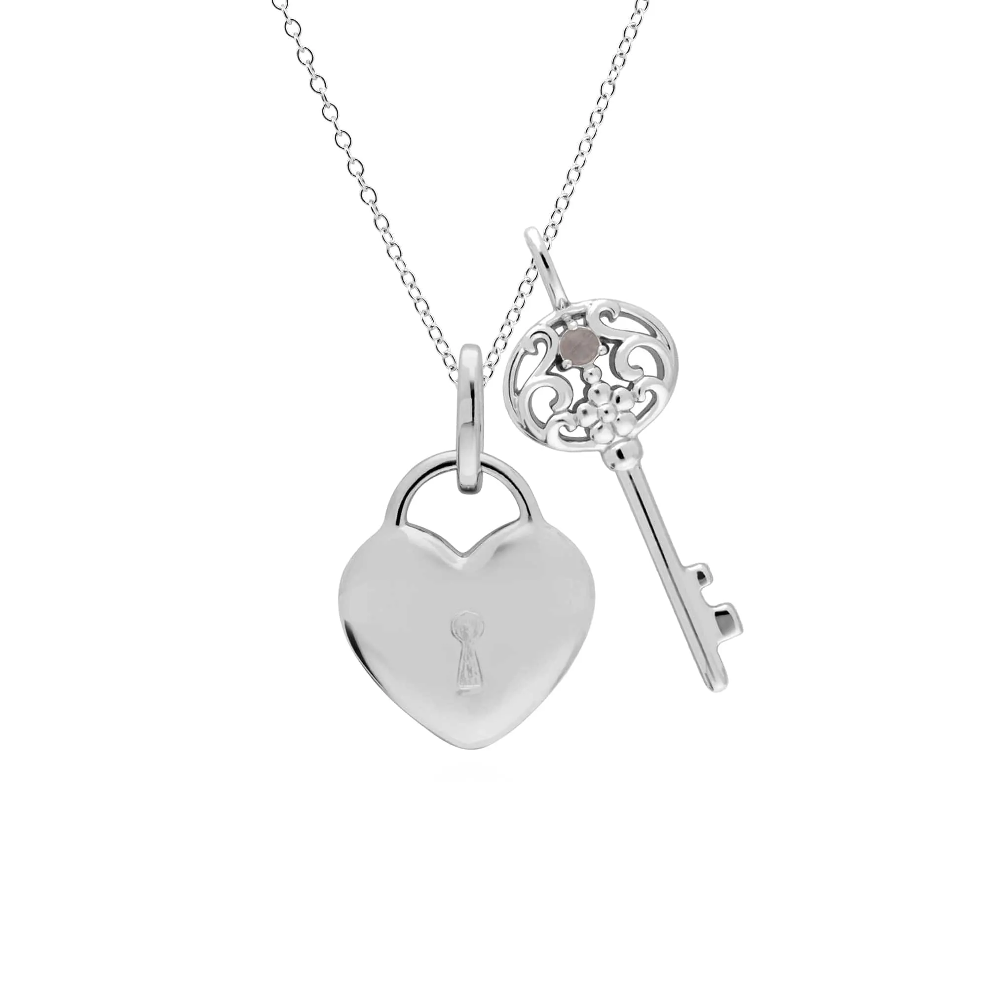 Classic Heart Lock Pendant & Rainbow Moonstone Big Key Charm in 925 Sterling Silver sold by Gemondo Jewellery