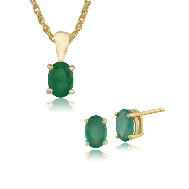 Classic Oval Emerald Single Stone Stud Earrings & Pendant Set in 9ct Yellow Gold sold by Gemondo Jewellery