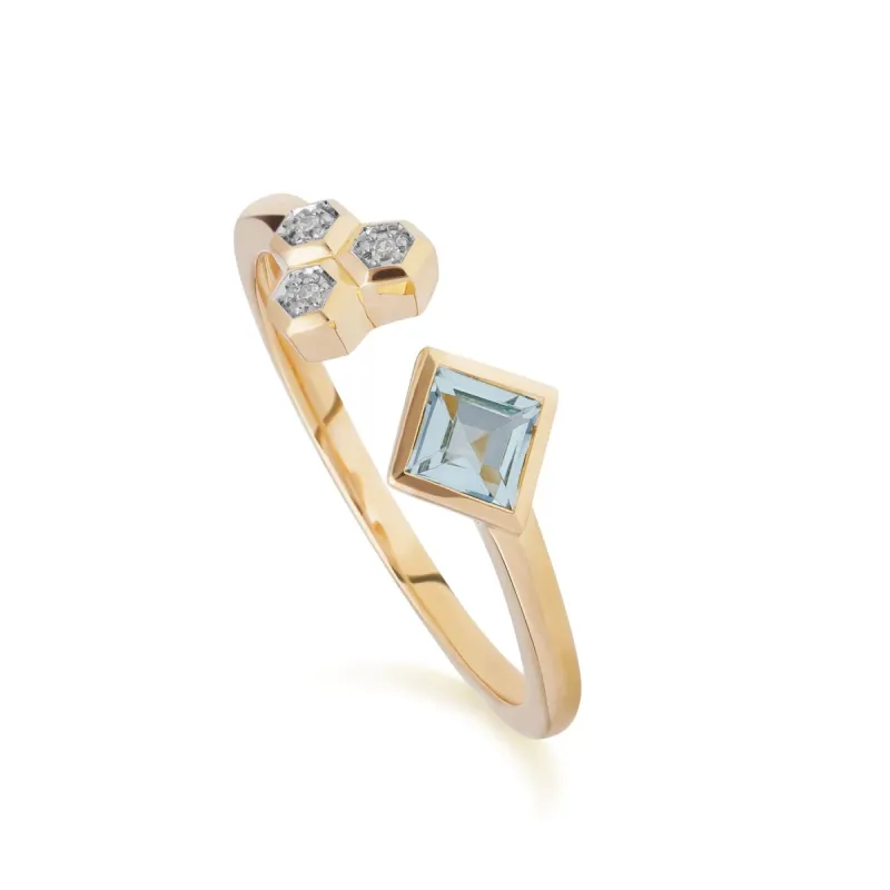 Contemporary Blue Topaz & Diamond Open Ring in 9ct Yellow Gold sold by Gemondo Jewellery
