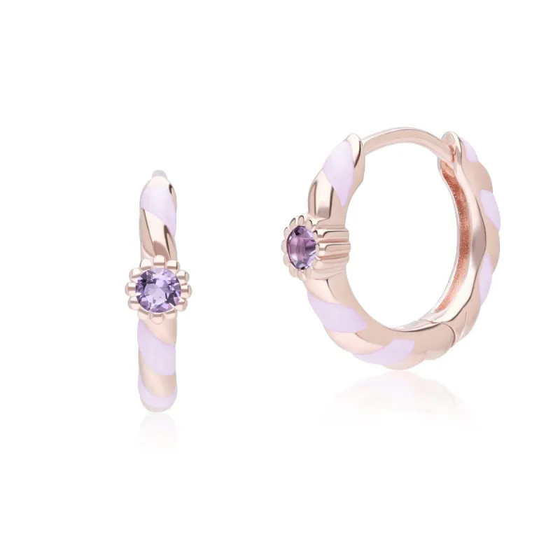 Siberian Waltz Violet Enamel & Round Pink Amethyst Hoop Earrings In 18ct Rose Gold Plated Sterling Silver sold by Gemondo Jewellery