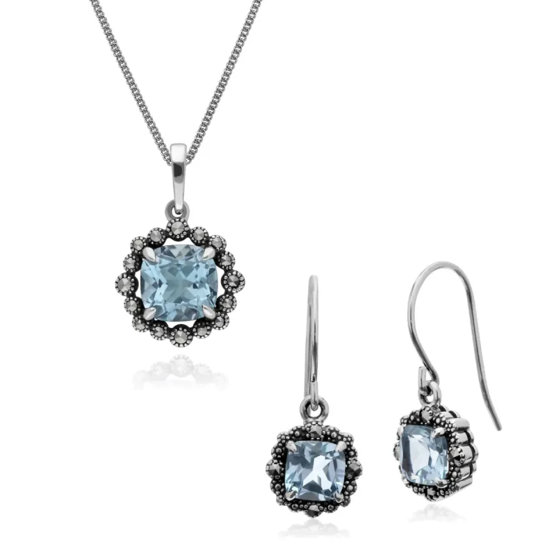 Art Deco Style Cushion Blue Topaz & Marcasite Cushion Drop Earrings & Necklace Set in 925 Sterling Silver sold by Gemondo Jewellery