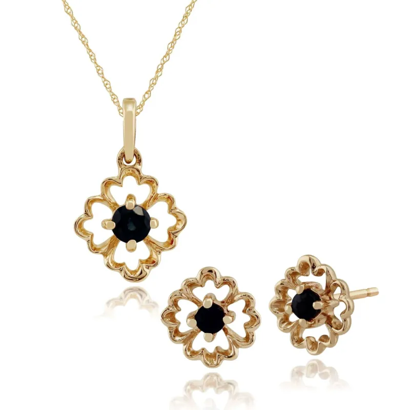 Floral Round Sapphire Framed Stud Earrings & Pendant Set in 9ct Yellow Gold sold by Gemondo Jewellery