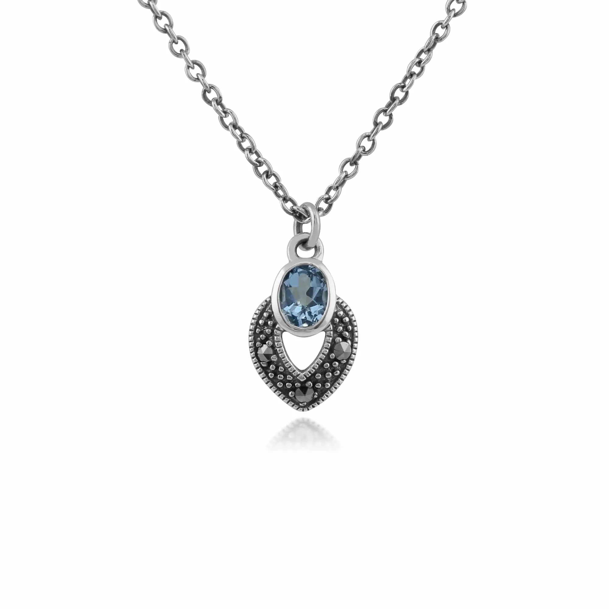 Art Deco Style Oval Aquamarine & Marcasite Necklace in 925 Sterling Silver sold by Gemondo Jewellery