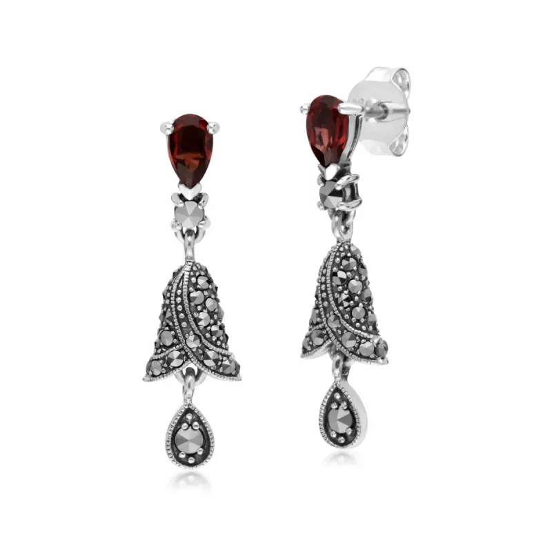 Gemondo Sterling Silver Garnet and Marcasite Bell Drop Earrings sold by Gemondo Jewellery
