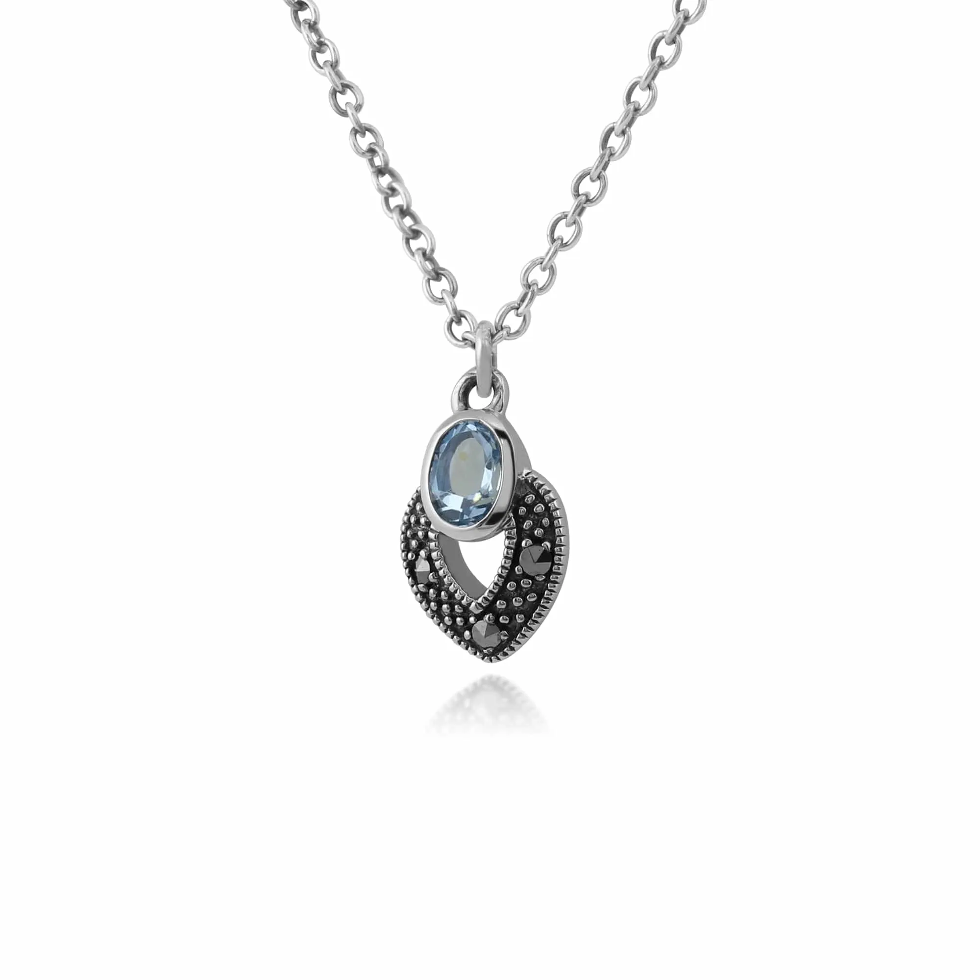 Art Deco Style Oval Aquamarine & Marcasite Necklace in 925 Sterling Silver sold by Gemondo Jewellery product image thumbnail 2