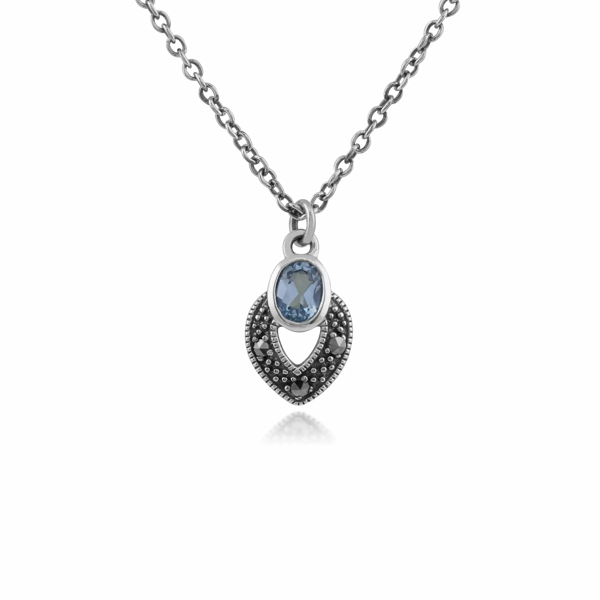 Art Deco Style Oval Blue Topaz & Marcasite Necklace in 925 Sterling Silver sold by Gemondo Jewellery