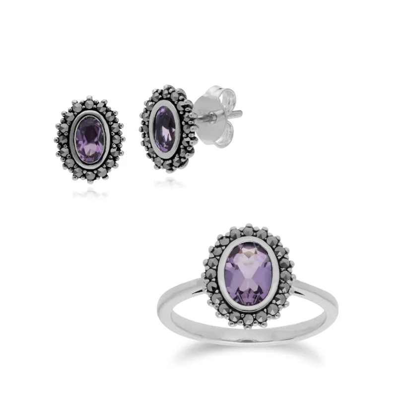 Art Deco Style Oval Amethyst & Marcasite Halo Stud Earrings & Ring Set in 925 Sterling Silver sold by Gemondo Jewellery