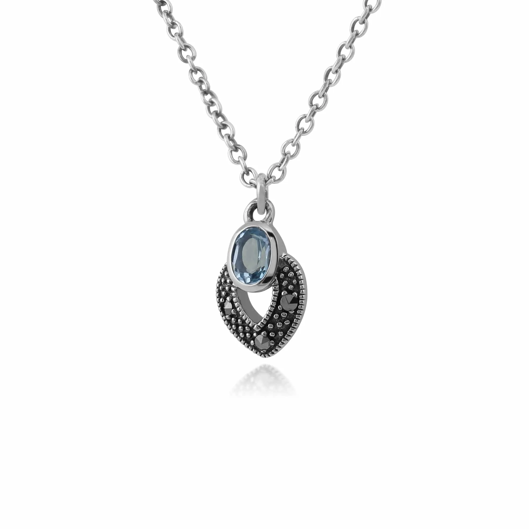 Art Deco Style Oval Blue Topaz & Marcasite Necklace in 925 Sterling Silver sold by Gemondo Jewellery product image thumbnail 2