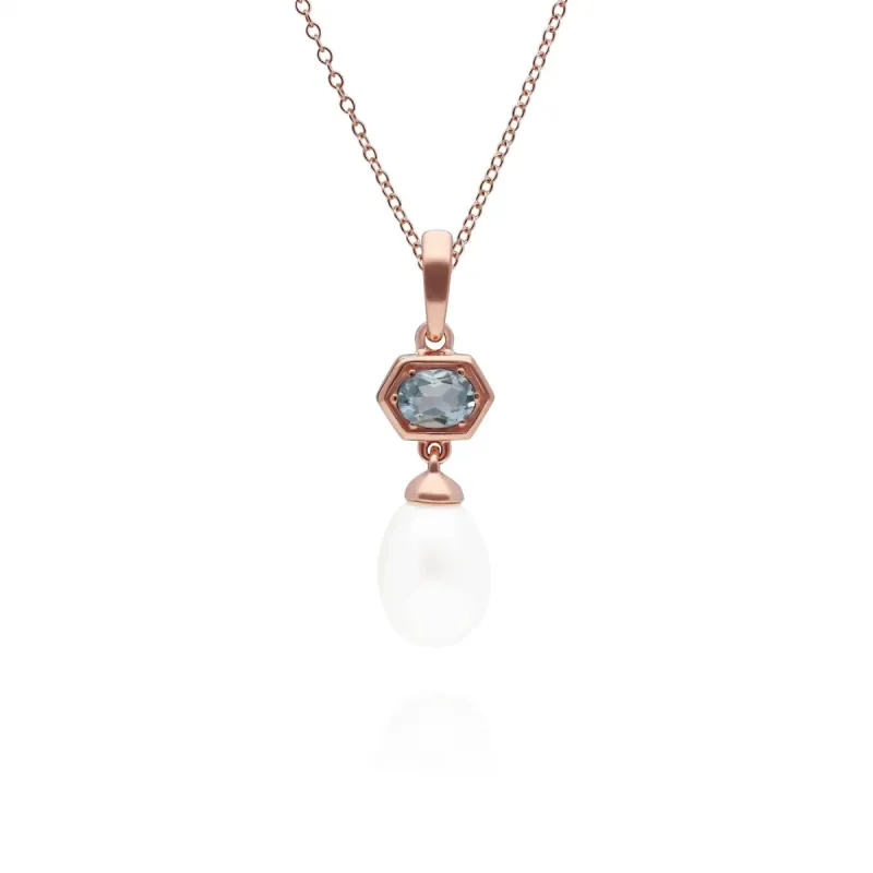 Modern Pearl & Aquamarine Hexagon Drop Pendant in Rose Gold Plated Silver sold by Gemondo Jewellery